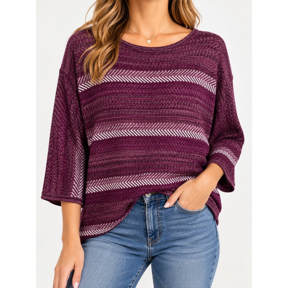 Chaps Denim Purple Chevron Stripe Knit Sweater Boat Neck 3/4 Sleeve XL